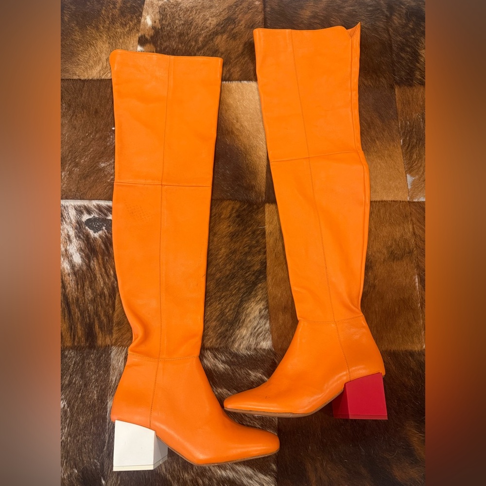 New Jacquemus Les Bottes Carré Ronds Orange Leather Over the Knee Boots - Picture 2 of 11